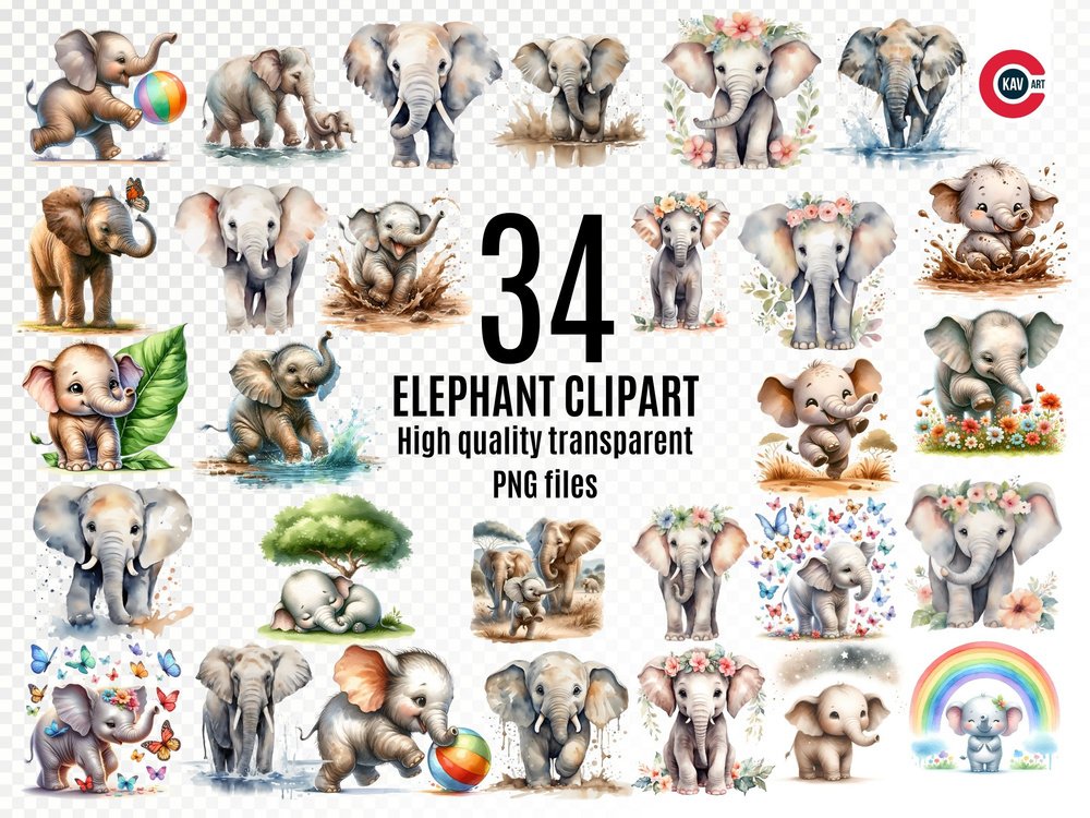 Baby Elephant Watercolor Clipart